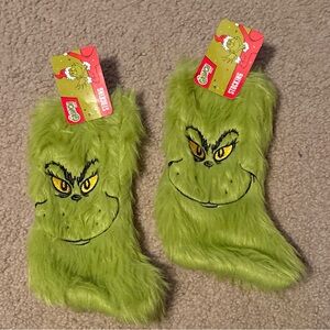 Lot Of 2 DR SEUSS  THE GRINCH FURRY GREEN CHRISTMAS STOCKINGS 9” NEW
